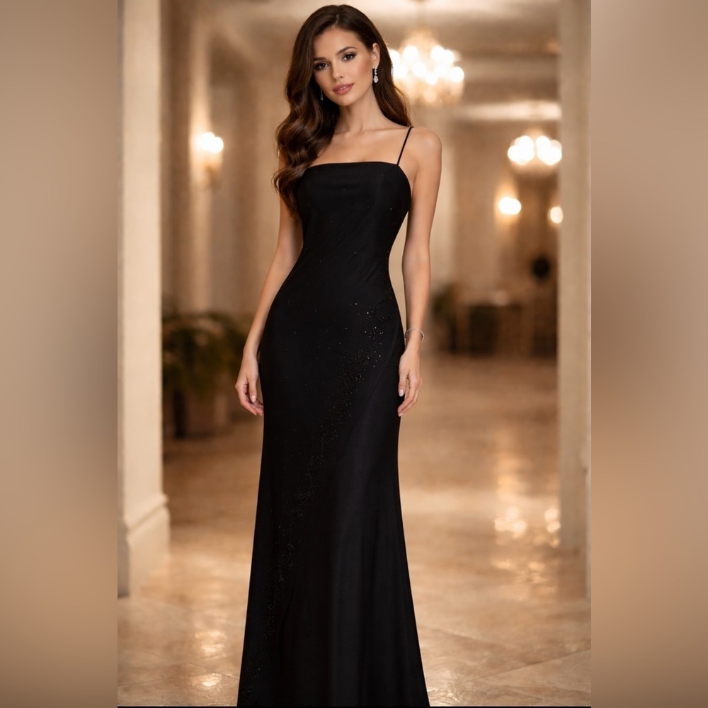CELAVIE COLLECTION Black Beaded sleeveless square neck Long Maxi Slip Dress L